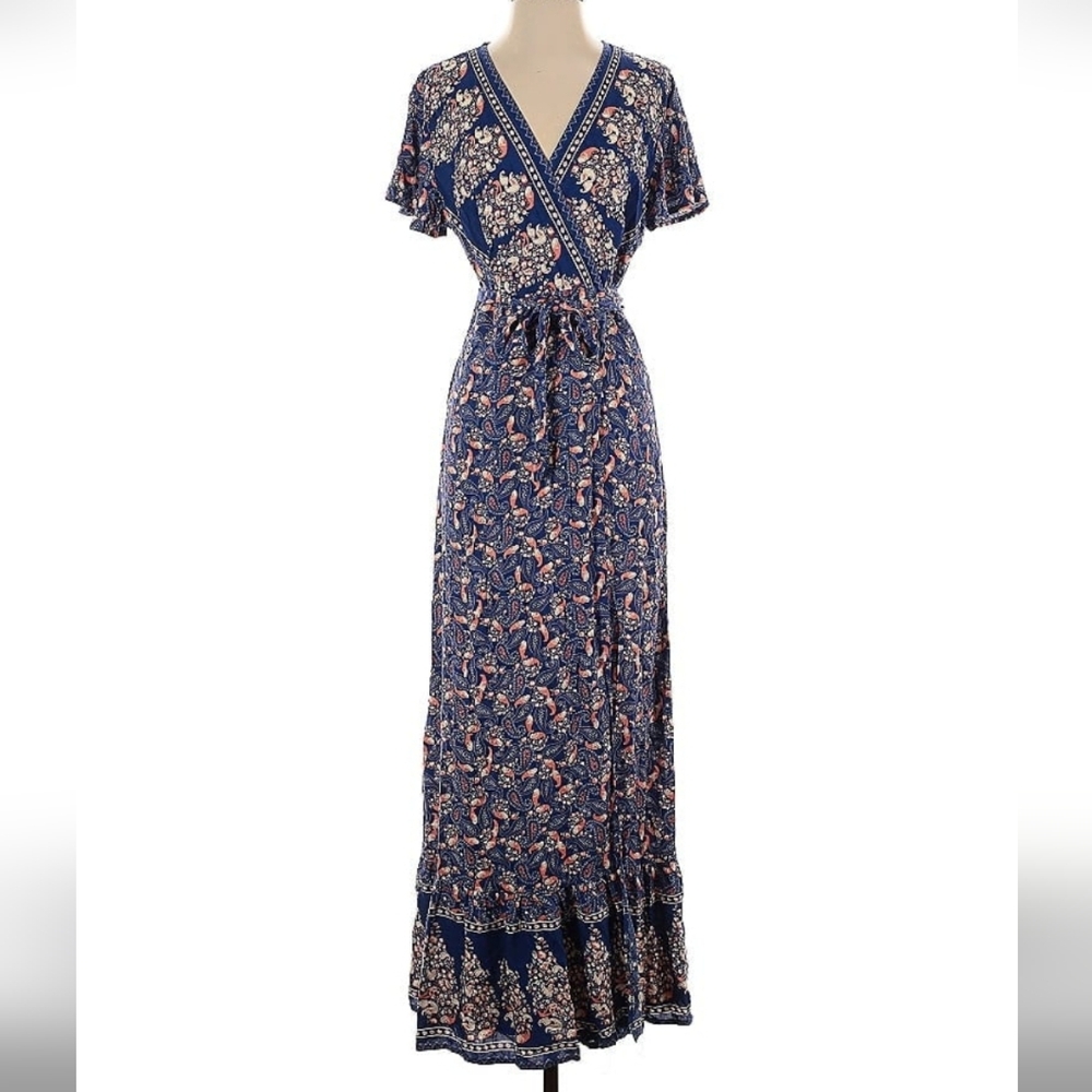 Blue Tiered Ruffled Wrap Maxi Dress